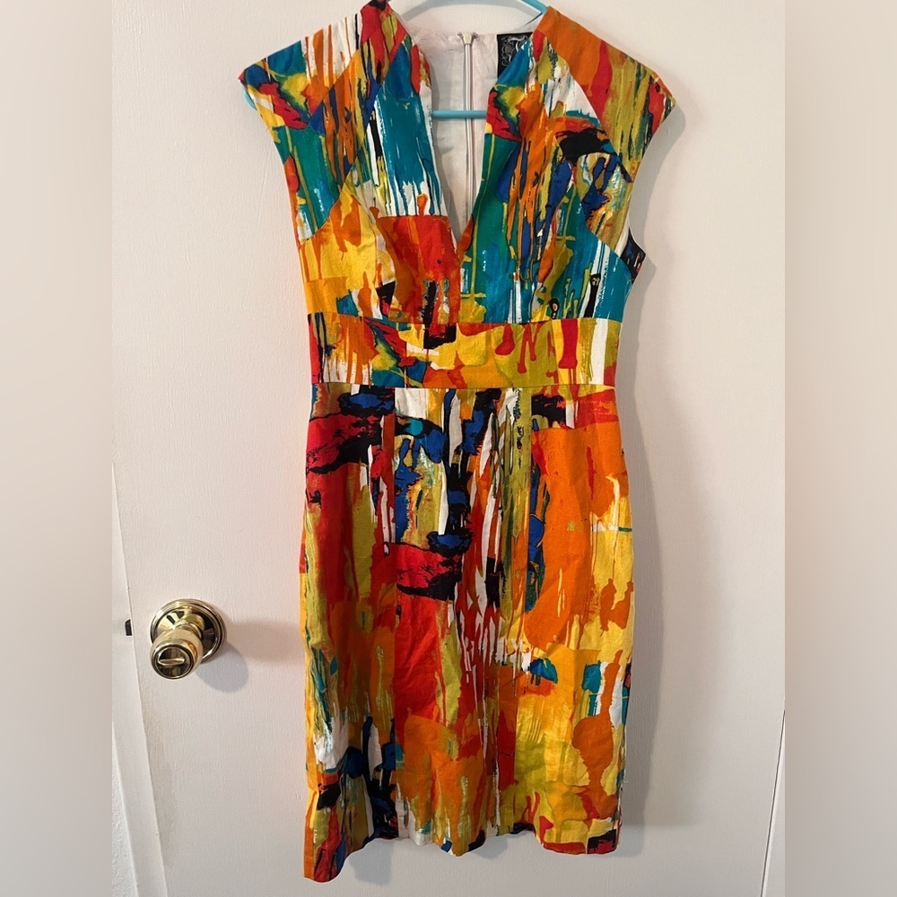 JAX Abstract Linen Midi Dress Art Painting Multicolor Bright Vibrant Size 2